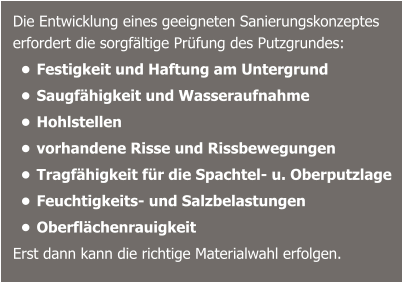 Die Entwicklung eines geeigneten Sanierungskonzeptes erfordert die sorgfältige Prüfung des Putzgrundes:  •	Festigkeit und Haftung am Untergrund •	Saugfähigkeit und Wasseraufnahme •	Hohlstellen •	vorhandene Risse und Rissbewegungen •	Tragfähigkeit für die Spachtel- u. Oberputzlage •	Feuchtigkeits- und Salzbelastungen •	Oberflächenrauigkeit Erst dann kann die richtige Materialwahl erfolgen.